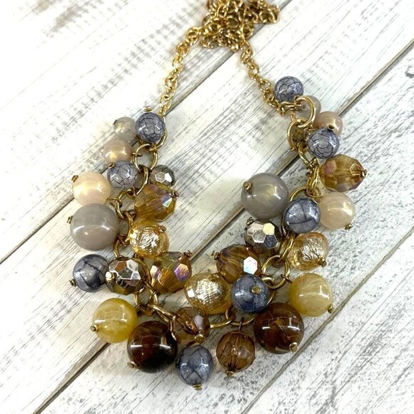 Beaded Statement Necklace Gold Tone Brown Cream Gray Adjustable Length - Picture 2 of 2